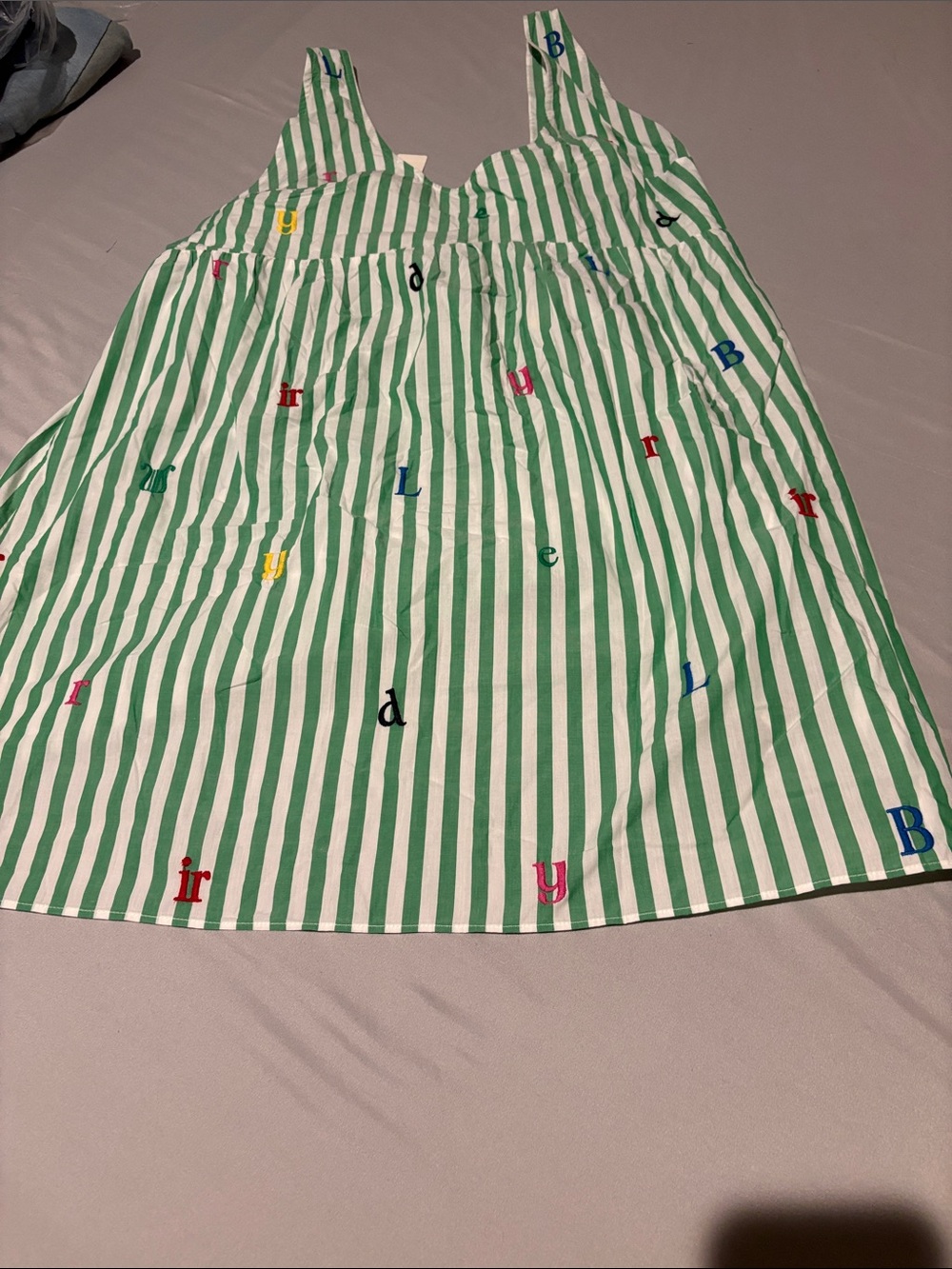 Anthropologie Green and White Striped Sundress with Multicolor Letter Embroidery